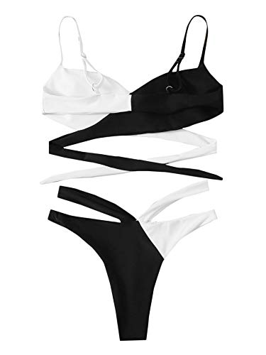 SOLY HUX Bikinis Sexy de Dos Piezas Verano para Mujer con Brasileños Tanga Alta, Conjunto de Bañador Bikini Cortado Alto Top Cruzado de Dos Colores Blanco y Negro S