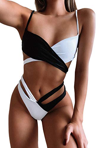 SOLY HUX Bikinis Sexy de Dos Piezas Verano para Mujer con Brasileños Tanga Alta, Conjunto de Bañador Bikini Cortado Alto Top Cruzado de Dos Colores Blanco y Negro S