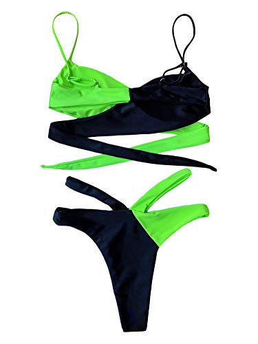 SOLY HUX Bikinis Sexy de Dos Piezas Verano para Mujer con Brasileños Tanga Alta, Conjunto de Bañador Bikini Cortado Alto Top Cruzado de Dos Colores Blanco y Verde S