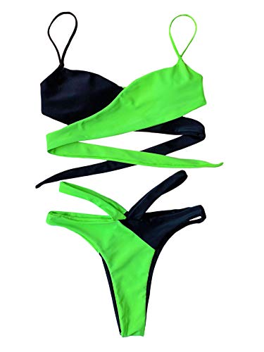 SOLY HUX Bikinis Sexy de Dos Piezas Verano para Mujer con Brasileños Tanga Alta, Conjunto de Bañador Bikini Cortado Alto Top Cruzado de Dos Colores Blanco y Verde S