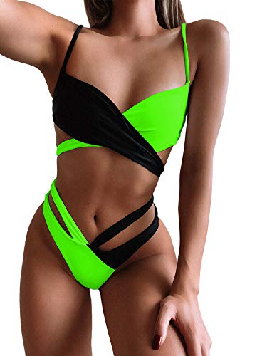 SOLY HUX Bikinis Sexy de Dos Piezas Verano para Mujer con Brasileños Tanga Alta, Conjunto de Bañador Bikini Cortado Alto Top Cruzado de Dos Colores Blanco y Verde S