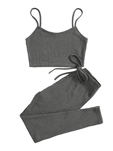 SOLY HUX Conjunto de camiseta y leggings para mujer, dos piezas, tirantes finos, camisola, tops, pantalones ajustados, ropa deportiva, traje de entrenamiento gris oscuro XS