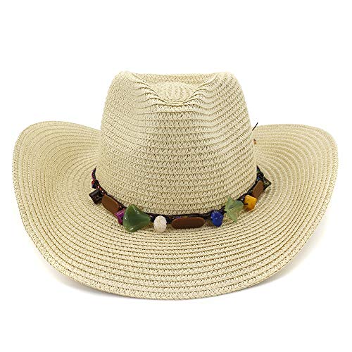 Sombra Fashian Lady Men Western Cowboy Hat Verano Sombrero de Paja Nuevas Mujeres al Aire Libre Playa Hat Cute Beads Colorido Sombrero for el Sol Elegante (Color : Caqui, tamaño : 56-58CM)
