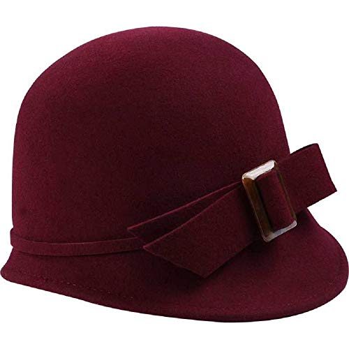 Sombrero de chancada de los años 20 Gatsby de invierno de lana aplastable Bowler sombrero vintage de Cloche redondo con acento de lazo - rojo - M