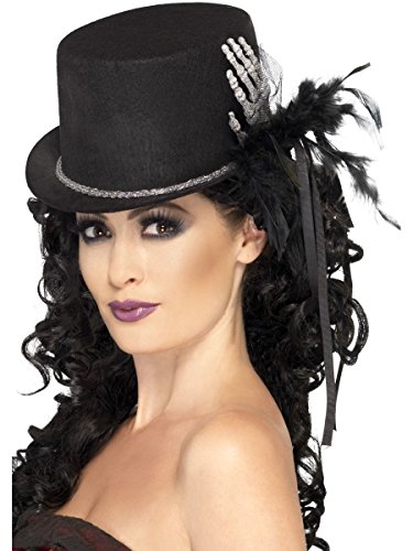 Sombrero de copa negro con mano de esqueleto y plumas mujer