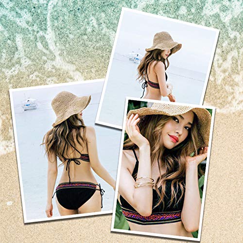 Sombrero de Paja de las Mujeres, Playa de Verano Sombrero de Sol Plegable Gorra de sol de ala ancha Señora Trenzado para viajes Decoración Vacaciones, Suave Transpirable (Beige)