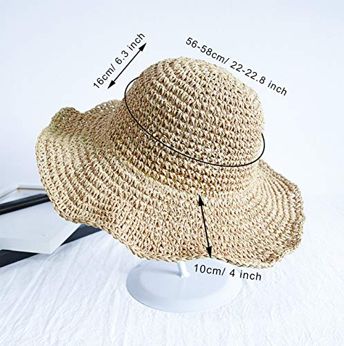 Sombrero de Paja de las Mujeres, Playa de Verano Sombrero de Sol Plegable Gorra de sol de ala ancha Señora Trenzado para viajes Decoración Vacaciones, Suave Transpirable (Beige)