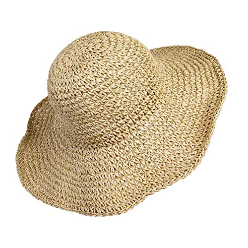 Sombrero de Paja de las Mujeres, Playa de Verano Sombrero de Sol Plegable Gorra de sol de ala ancha Señora Trenzado para viajes Decoración Vacaciones, Suave Transpirable (Beige)