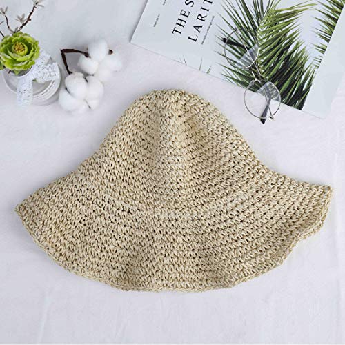 Sombrero de Paja de las Mujeres, Playa de Verano Sombrero de Sol Plegable Gorra de sol de ala ancha Señora Trenzado para viajes Decoración Vacaciones, Suave Transpirable (Beige)