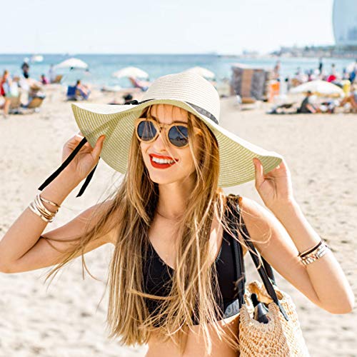 Sombrero De Paja, Mujer Sombreros De Playa De Verano De ala Ancha para Sombrero De Sol Plegable y Flexible (Blanco lechoso)