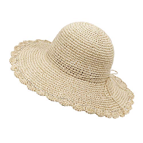 Sombrero de Paja para Mujer Plegable Bohemia Verano Sun Floppy Mujer Sombrero de la Playa del Borde Suave Transpirable Grande Ancho Cap para Viajes Vacaciones Beige