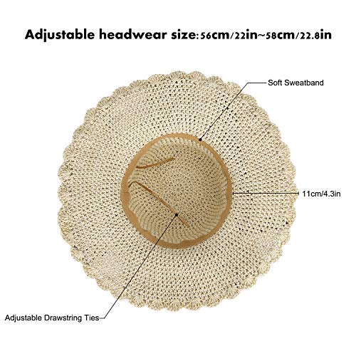 Sombrero de Paja para Mujer Plegable Bohemia Verano Sun Floppy Mujer Sombrero de la Playa del Borde Suave Transpirable Grande Ancho Cap para Viajes Vacaciones Beige