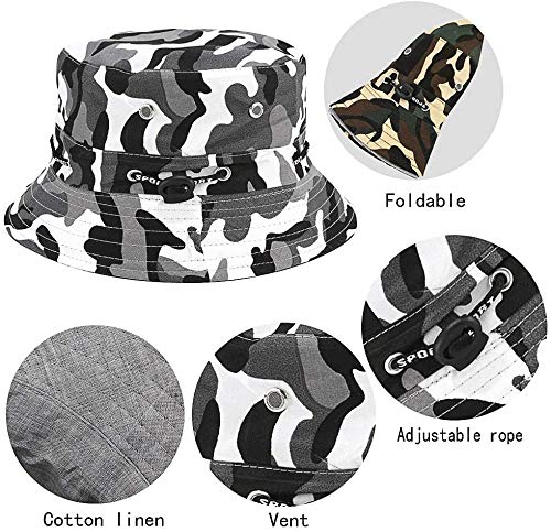 Sombrero de Pescador 56-58cm Algodón Suave y Tela de Poliéster Gorra de Sol Ancha a Prueba de Viento Unisex para Senderismo Camping Caza Viajar Pesca, Sombreros de Sol Ajustables, Camuflaje