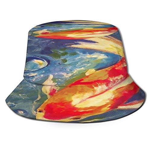 Sombrero de Pescador Pintura de Gota de Agua roja de pez koi Algodón Plegable Bucket Hat para Excursionismo Cámping De Viaje Pescar
