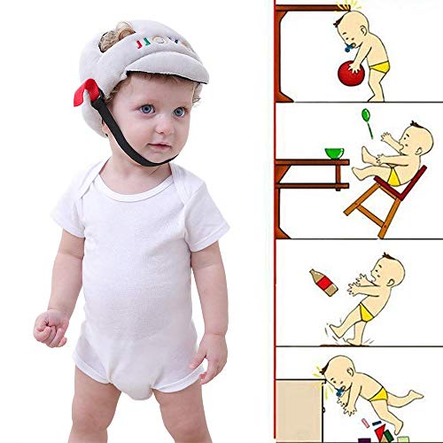 Sombrero de Seguridad para Bebé, Infantil Protector de Cabeza Casco de Seguridad del Bebé Niño Sombrero de Protección Adjustable Arnés Gorra de Protección, Gris