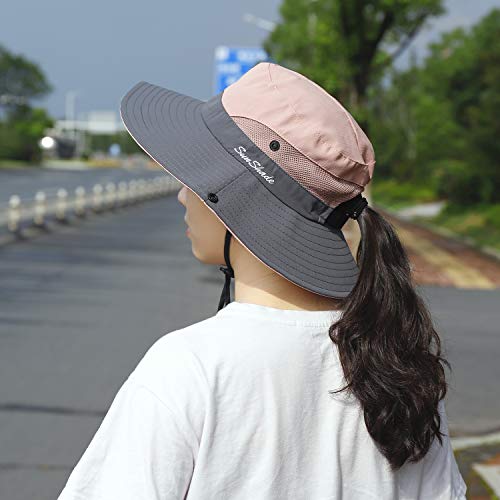 Sombrero de Sol al Aire Libre Mujer Sombrero de Cola de Caballo Plegable Gorro de Pescador Gorras de ala Ancha de Malla Sombrero de Verano Visor 56-58CM (Rosado)
