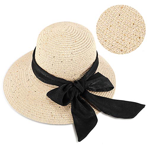 Sombrero de Verano Sol Mujer, Sombrero de Paja Plegable con ala Ancha, Ajustable Sombrero de Verano para Playa al Aire Libre Protección Anti-UV UPF 50