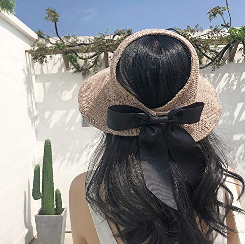 Sombrero Sol de Paja de Las Mujeres Verano Playa Pamelas Algodón Protección ala Ancha UV Gorro Plegable con Bowknot, Trenzado para Viajes Decoración Vacaciones