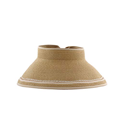 Sombrero Viseras Mujer Verano de Paja Vacío con ala Grande Gorra Pamela de Sol Playa Viaje Vacaciones Adjustable Altura 18CM (Beige Oscuro, YY-11)