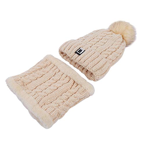 Sombrero y Bufanda Mujer Invierno,TININNA Caliente Gorras Con Scarf de lana de Punto de Esquiar para Chicas-Beige