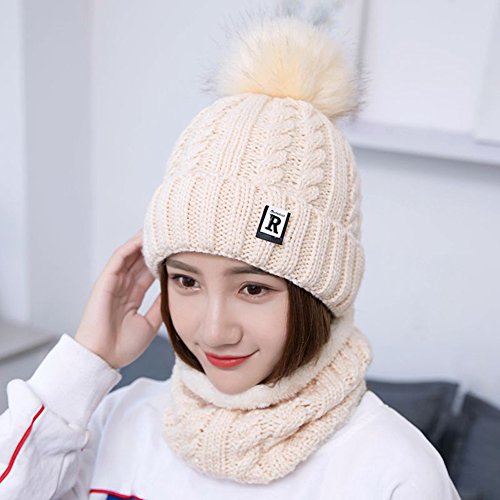 Sombrero y Bufanda Mujer Invierno,TININNA Caliente Gorras Con Scarf de lana de Punto de Esquiar para Chicas-Beige