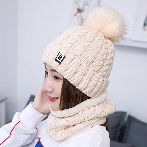 Sombrero y Bufanda Mujer Invierno,TININNA Caliente Gorras Con Scarf de lana de Punto de Esquiar para Chicas-Beige