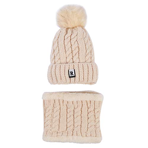 Sombrero y Bufanda Mujer Invierno,TININNA Caliente Gorras Con Scarf de lana de Punto de Esquiar para Chicas-Beige