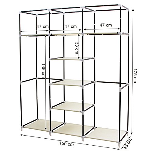 SONGMICS Armario de Tela, Estantería de Almacenaje, Resistente al Polvo, Tubo de Acero, (tamaño XXL, 175 x 150 x 45 cm), Color Beige RYG12M