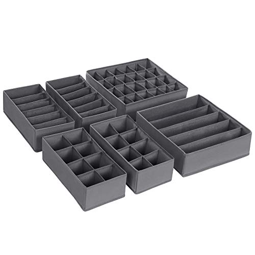 SONGMICS Organizador para Cajones con Compartimentos, Caja de Almacenaje Plegable, Organizador de Armario para Ropa Interior, Calcetines, Corbatas, Bufandas, Set de 6 Piezas, Gris RUS06GY