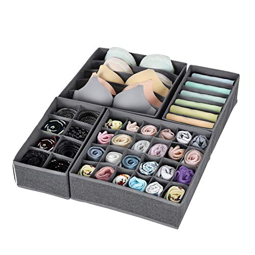 SONGMICS Organizador para Cajones con Compartimentos, Caja de Almacenaje Plegable, Organizador de Armario para Ropa Interior, Calcetines, Set de 4 Piezas, Gris Oscuro, RYUS04G