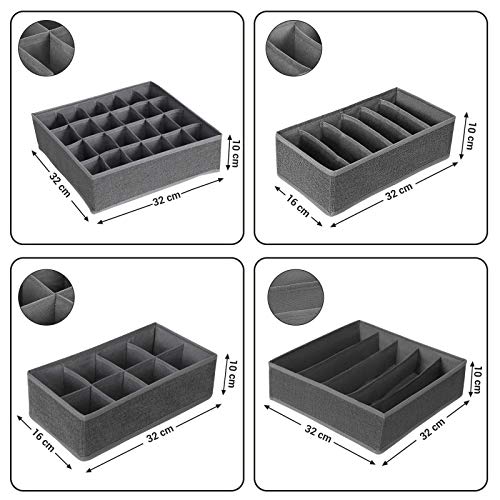SONGMICS Organizador para Cajones con Compartimentos, Caja de Almacenaje Plegable, Organizador de Armario para Ropa Interior, Calcetines, Set de 4 Piezas, Gris Oscuro, RYUS04G