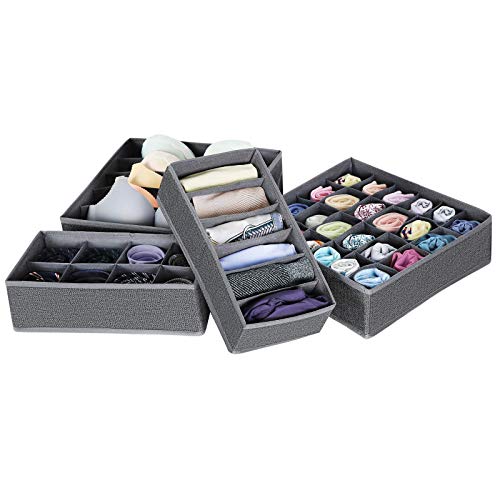 SONGMICS Organizador para Cajones con Compartimentos, Caja de Almacenaje Plegable, Organizador de Armario para Ropa Interior, Calcetines, Set de 4 Piezas, Gris Oscuro, RYUS04G