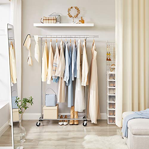 SONGMICS Tendedero con Ruedas, Soporte de Ropa Rodante, 90 kg de Carga, con Riel de Suspensión Extensible, Parte Inferior Abatible, Estante Inferior de Almacenamiento, Plata HSR13S