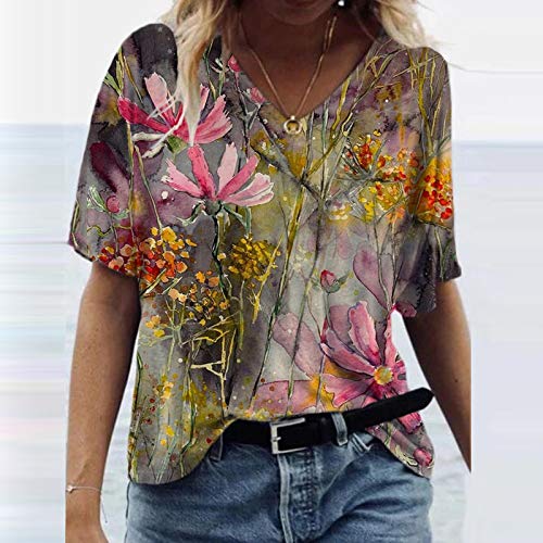 Soolike Blusas De Mujer con Estampado Vintage Blusas De Manga Corta De Verano Camiseta con Cuello En v Camisa Holgada De Gran Tamaño Blusa con Estampado De Flores Retro Tops De Blusa De Muje.