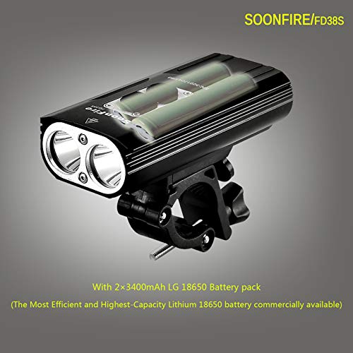 soonfire FD38S - Faro para bicicleta recargable por USB, dos LED Cree XM-L2 de 1870 lúmenes, resistente al agua, muy brillante, fácil de montar y desmontar