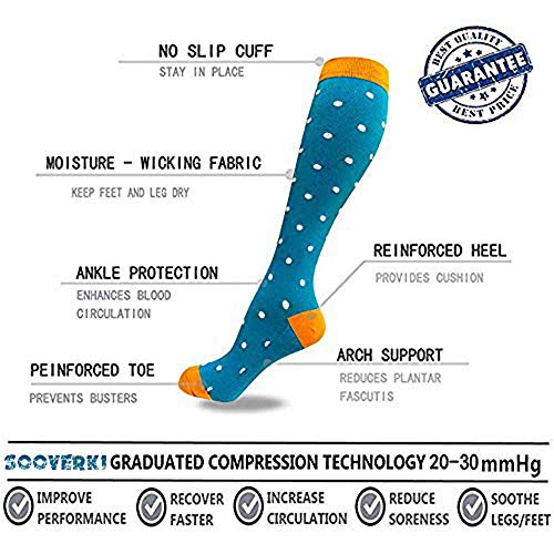 Sooverki Calcetines de compresión para Mujeres y Hombres 20-25 mmHg es el Mejor Graduado atlético, Correr, Volar, Viajar, Enfermeras 01-Multicolor-6 Pares L/XL