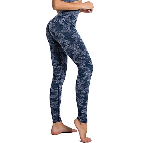 SotRong Mallas Running Mujer Leggings Cintura Alta Deportes Yoga Largos Elásticos y Transpirables Pantalones Para Gym Fitness de Ejercicio Camuflaje Impresión Azul S