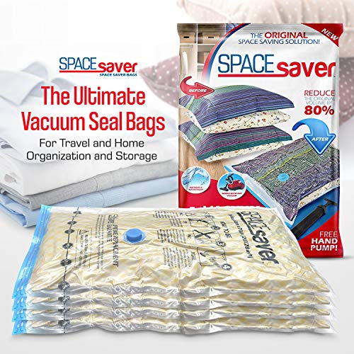 Space Saver - Bolsa de Almacenamiento al vacío Reutilizable, Extragrande, 6 Unidades, Cremallera Doble y válvula de Salida, Incluye Bomba de Viaje, incoloro, Jumbo - 6 Pack