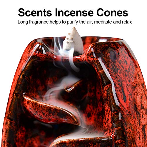 SPACEKEEPER Soporte para Quemador de Incienso de reflujo, Adorno de cerámica para aromaterapia, decoración del hogar con 120 Conos de Incienso de reflujo + 20 varitas de Incienso, Rojo
