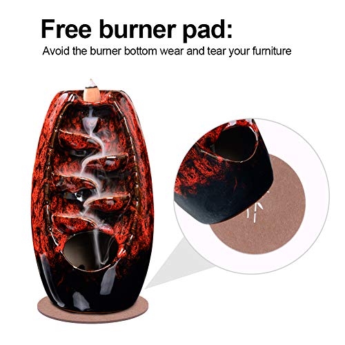 SPACEKEEPER Soporte para Quemador de Incienso de reflujo, Adorno de cerámica para aromaterapia, decoración del hogar con 120 Conos de Incienso de reflujo + 20 varitas de Incienso, Rojo