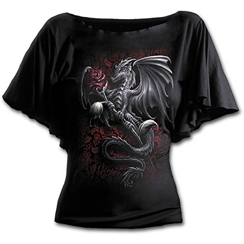 Spiral Direct Dragon Rose-Boat Neck Bat Sleeve Top Camiseta, Negro (Black 001), 36 (Talla del Fabricante: Small) para Mujer