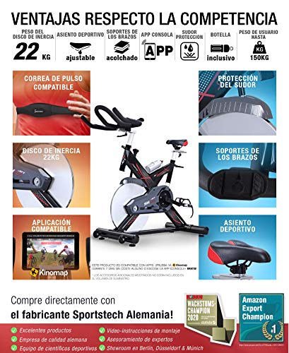Sportstech Bicicleta estática Profesional SX400 - Marca de Calidad Alemana - Eventos en Video & Multiplayer App, Volante de 22Kg, Pulsómetro compatible, Correa silenciosa, hasta 150Kg Incl. eBook