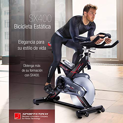 Sportstech Bicicleta estática Profesional SX400 - Marca de Calidad Alemana - Eventos en Video & Multiplayer App, Volante de 22Kg, Pulsómetro compatible, Correa silenciosa, hasta 150Kg Incl. eBook