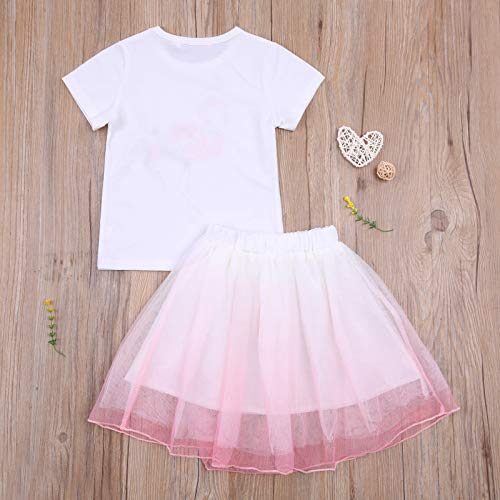 Springcmy Juego de 2 faldas de tul para niña con estampado de flamenco, cuello redondo, camiseta de manga corta y falda de color degradado de cintura alta