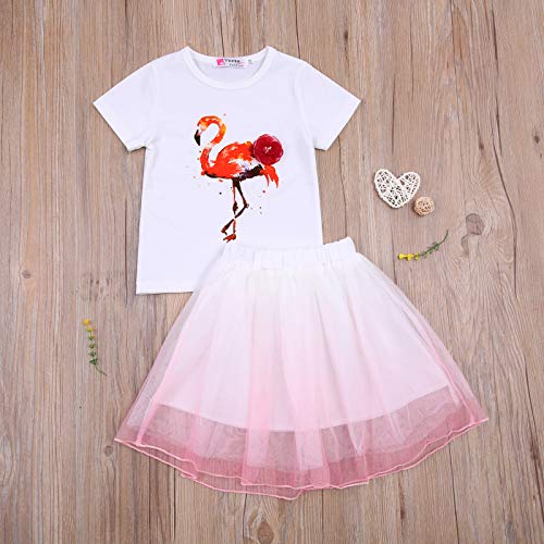 Springcmy Juego de 2 faldas de tul para niña con estampado de flamenco, cuello redondo, camiseta de manga corta y falda de color degradado de cintura alta