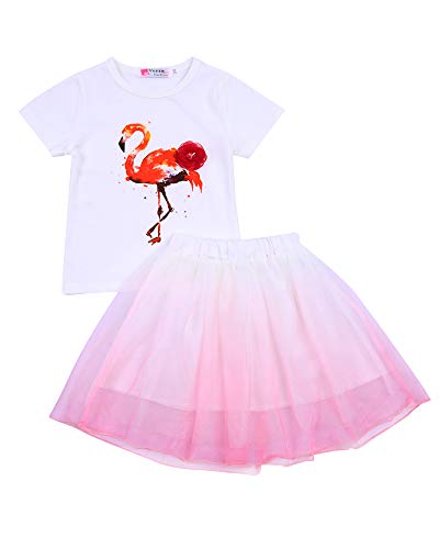 Springcmy Juego de 2 faldas de tul para niña con estampado de flamenco, cuello redondo, camiseta de manga corta y falda de color degradado de cintura alta