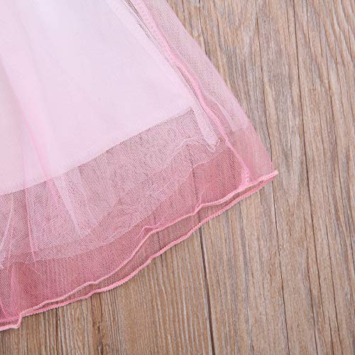 Springcmy Juego de 2 faldas de tul para niña con estampado de flamenco, cuello redondo, camiseta de manga corta y falda de color degradado de cintura alta