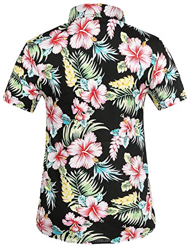 SSLR Camisa Manga Corta de Algodón Estampado de Flores Informal Estilo Hawaiano de Mujer (X-Small, Rojo Jamaica)
