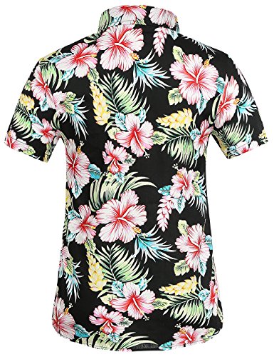 SSLR Camisa Manga Corta de Algodón Estampado de Flores Informal Estilo Hawaiano de Mujer (X-Small, Rojo Jamaica)