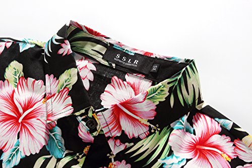 SSLR Camisa Manga Corta de Algodón Estampado de Flores Informal Estilo Hawaiano de Mujer (X-Small, Rojo Jamaica)